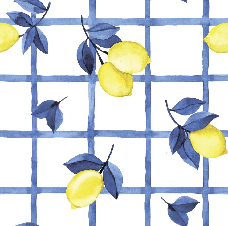 modello ad acquerello senza cuciture con limoni gialli e piastrelle blu