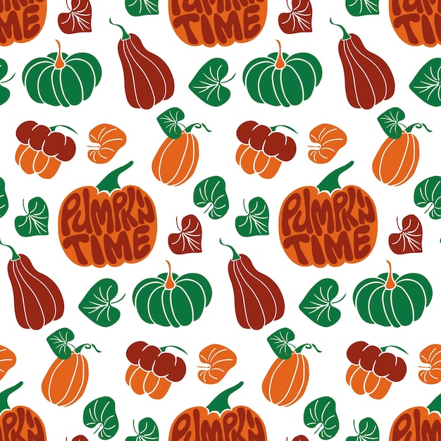 Modello autunnale senza cuciture con scritte groovy Slogan disegnato a mano a forma di zucca in stile retrò piatto