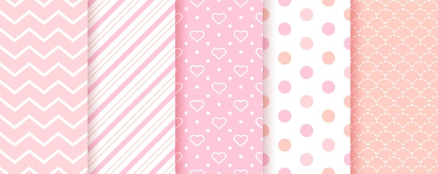 Modello bambino. Sfondi rosa senza soluzione di continuità. Strutture geometriche della neonata. Vettore. Set di stampe tessili per bambini pastello. Simpatico sfondo infantile con pois, zigzag e strisce. Illustrazione moderna.