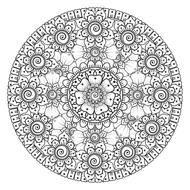 Modello circolare sotto forma di mandala con fiore. ornamento decorativo nella pagina da colorare in stile etnico orientale
