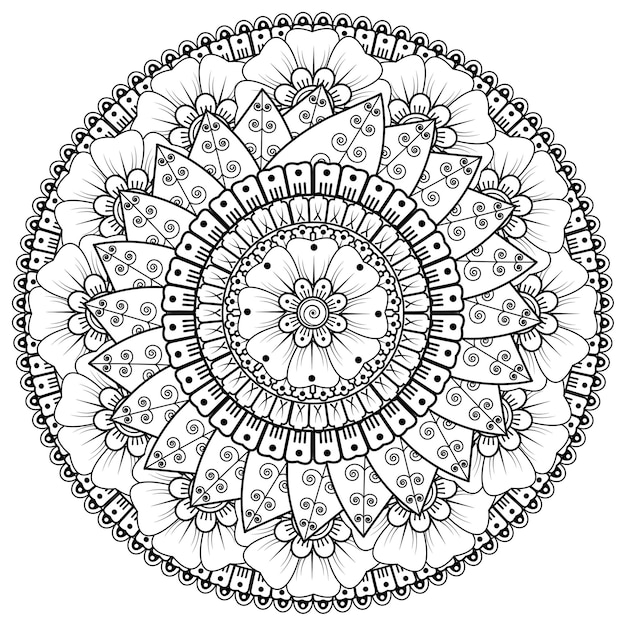 Modello circolare sotto forma di mandala con fiore per henné, mehndi, tatuaggio, decorazione. ornamento decorativo in stile etnico orientale. pagina del libro da colorare.