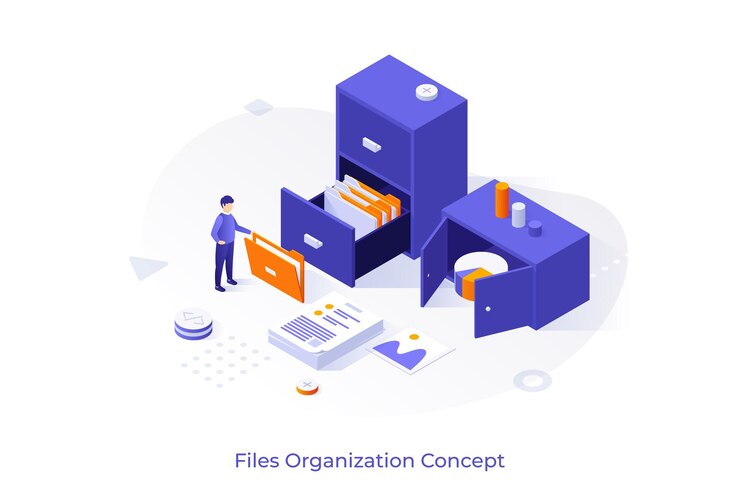 Modello concettuale con impiegato e armadietto pieno di documenti nelle cartelle Scena per l'organizzazione dei file archivio di dati aziendali o informazioni Illustrazione vettoriale isometrica moderna