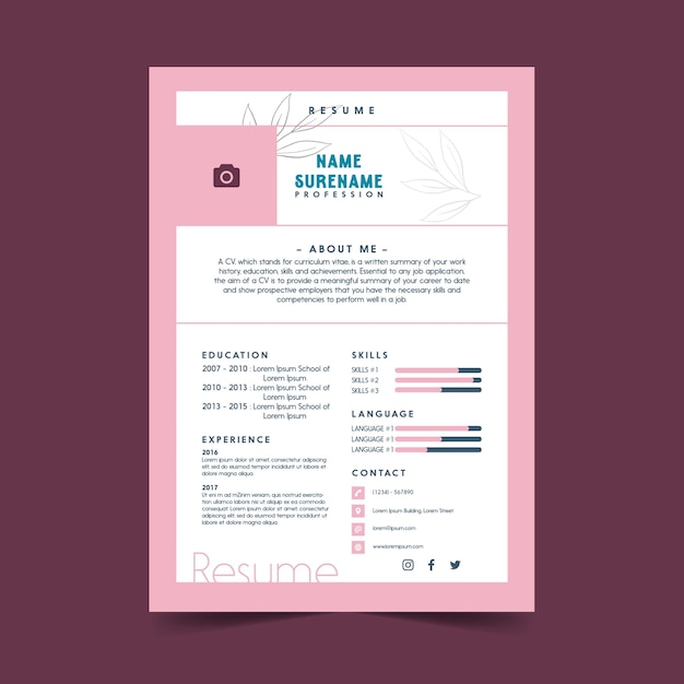 Modello CV minimo decorazione a foglia disegnata a mano disegno rosa bianco