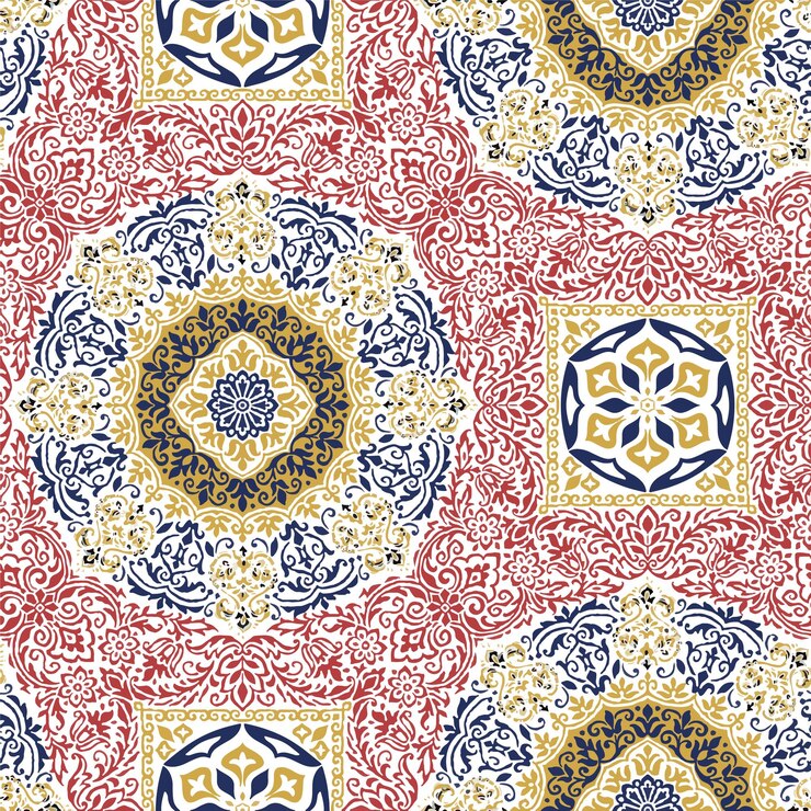 Vettore modello decorativo vibrante con motivi floreali e geometrici ornati