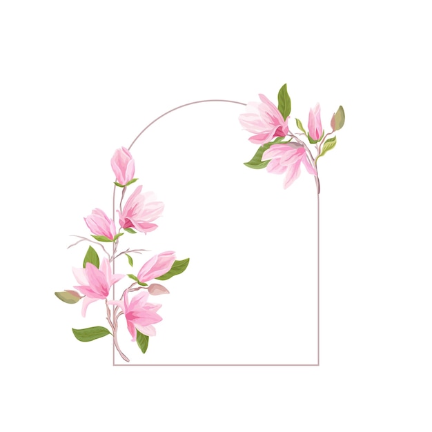 Modello dell'acquerello del fiore della magnolia di Boho, cornice di nozze floreale. Scheda di vettore di auguri di invito. Design botanico moderno pastello con fiori, foglie, fiori