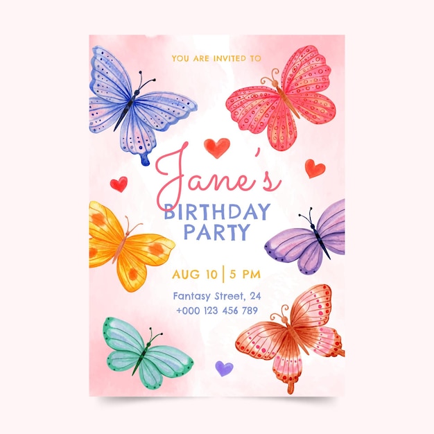 Modello dell'invito di compleanno della farfalla dell'acquerello dipinto a mano