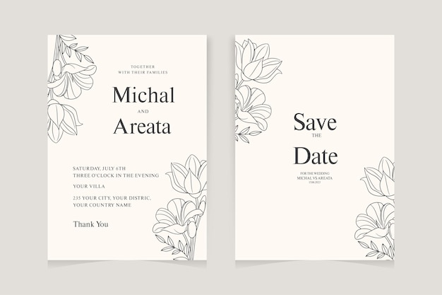 Modello dell'invito di nozze con la decorazione del fiore della rosa del profilo