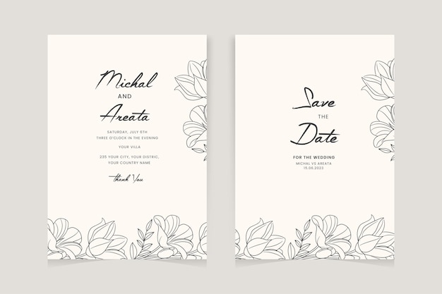 Modello dell'invito di nozze con la decorazione del fiore della rosa del profilo
