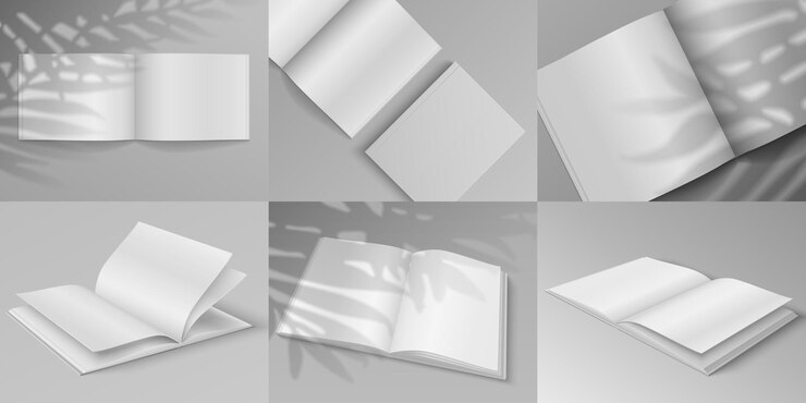 Vettore modello dell'opuscolo. modello realistico di rivista in bianco bianco con effetto sovrapposizione ombra, elemento di visualizzazione volantino aperto e chiuso. libri 3d da diverse angolazioni con set di vettori di silhouette di piante