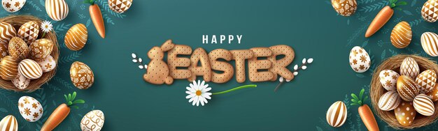 Modello della bandiera di Pasqua con uova di Pasqua dorate nel nido e carattere di biscotti cracker sulla lavagna.