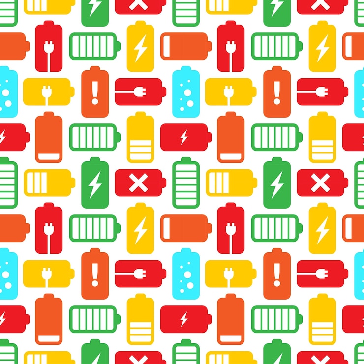 Vettore modello della batteria struttura della carica con accumulatore più e meno indicatore di alimentazione elettrica carta da parati decorativa per carta da imballaggio in tessuto stampa o tessuto sfondo vettoriale senza giunture