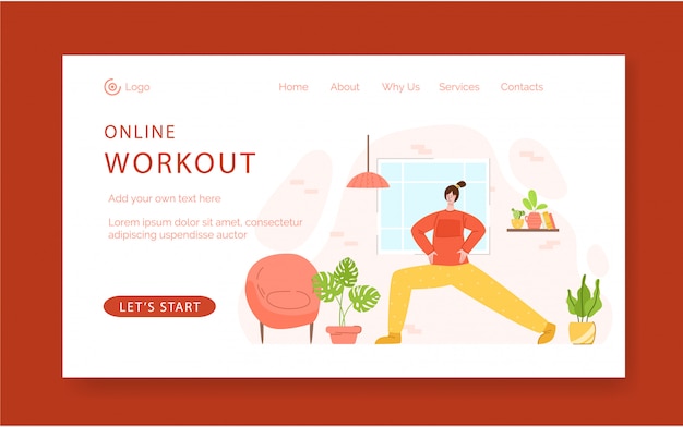 Modello della pagina di destinazione - la donna che fa gli affondi si esercita a casa. Concetto di allenamento fitness indoor