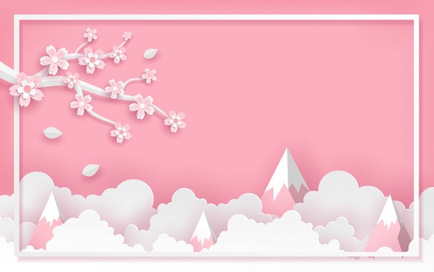 Modello della struttura del fiore di sakura e del ramo con le nuvole e la montagna nel concetto di arte della carta di vettore.