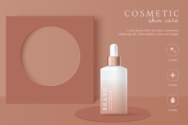 Modello di annunci di prodotti cosmetici e per la cura della pelle su sfondo marrone