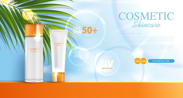 Modello di annunci Sunblock design di prodotti cosmetici per la protezione solare con crema idratante o liquido