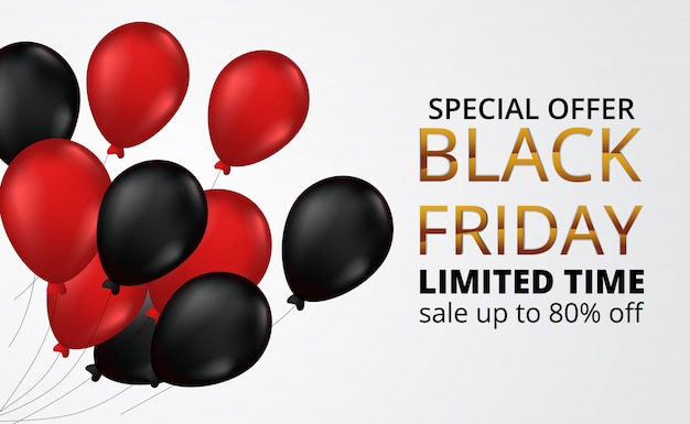 Modello di bandiera di offerta di vendita del Black Friday con volo palloncino rosso e nero a gas elio