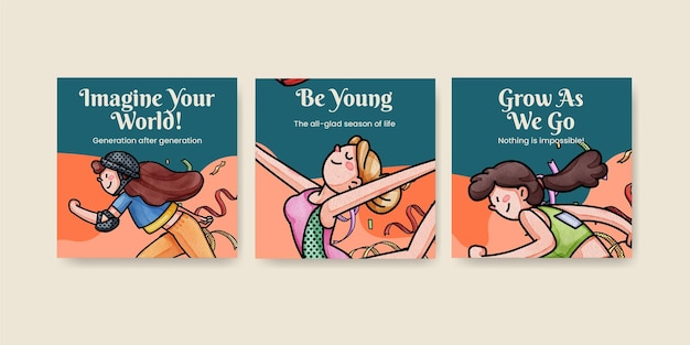 Modello di banner con concetto di divertimento giovanile felice in stile acquerello