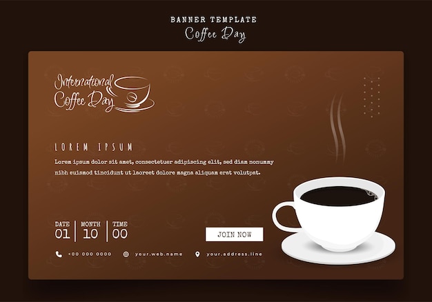 Modello di banner con design del caffè su sfondo marrone per il design della pubblicità del giorno del caffè