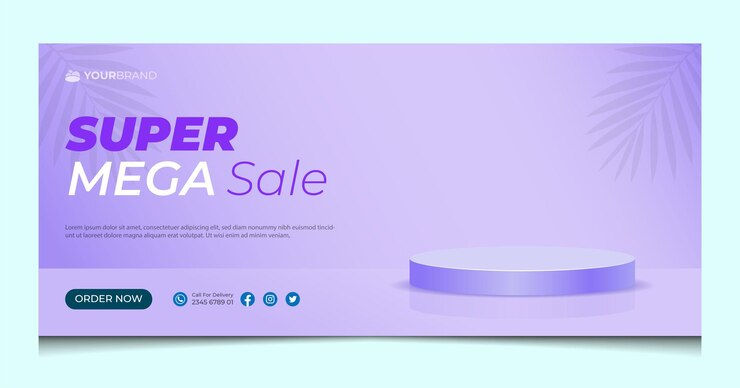 Modello di banner con podio 3D su sfondo viola chiaro perfetto per l'esposizione dei prodotti