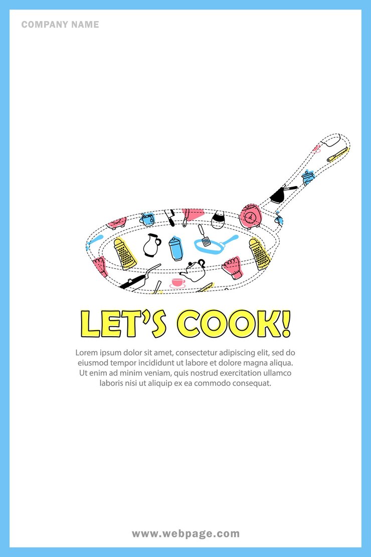 Vettore modello di banner con sagoma di padella con motivo di utensili da cucina all'interno. cuciniamo carta
