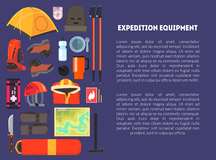 Vettore modello di banner di attrezzature di spedizione con luogo per testo escursioni in campeggio e attrezzature per l'alpinismo turismo simboli di spedizione illustrazione vettoriale web design flat style