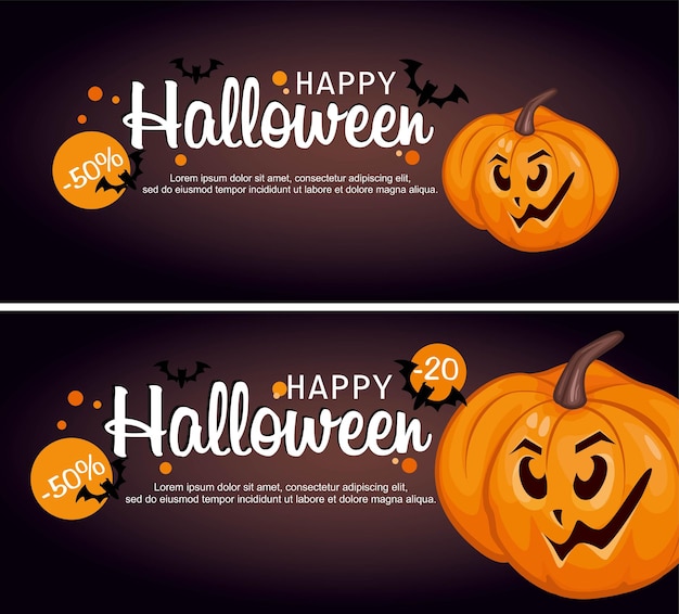 Modello di banner di Halloween con zucche, sconti e scritte. Illustrazione vettoriale.