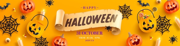 Modello di banner di Halloween felice con zucca di Halloween ed elementi di Halloween su sfondo arancione