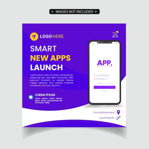 modello di banner di pubblicazione sui social media e sul web per la promozione di app mobili