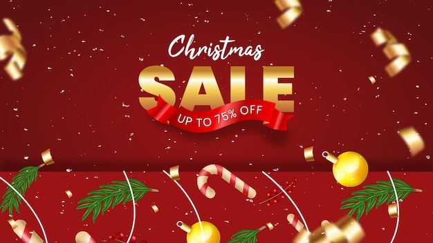 Modello di banner di vendita di Natale realistico con decorazioni rosse e dorate