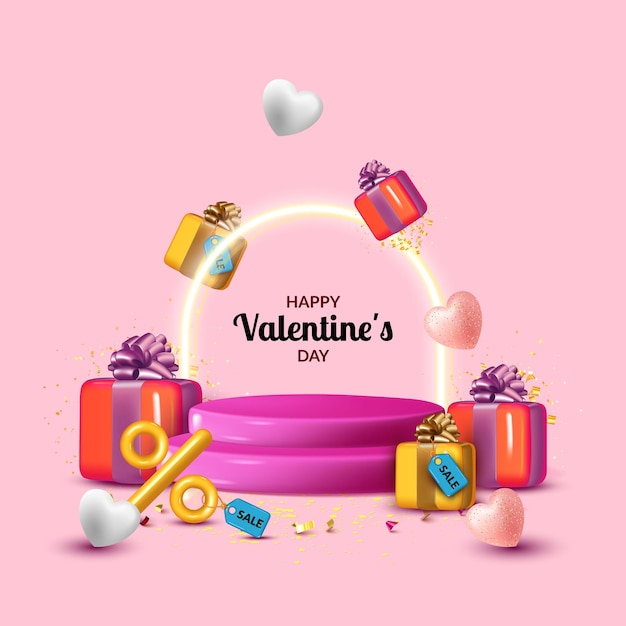 Modello di banner di vendita di San Valentino con confezione regalo realistica