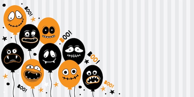 Modello di banner orizzontale per felice Halloween. Palloncini con facce inquietanti, mascelle, denti e bocche aperte. Personaggio dei cartoni animati Ghost, mostro, Jack Skellington. Posto per il testo. Disegnato a mano