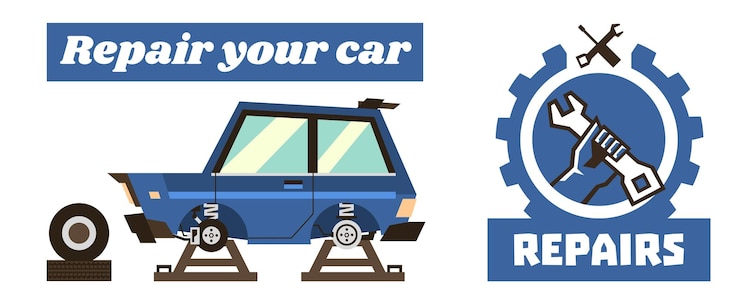 Vettore modello di banner orizzontale sulle riparazioni auto logo di riparazione mano che tiene una chiave l'auto con le ruote rimosse vediamo l'impianto frenante e il telaio della macchina illustrazione vettoriale