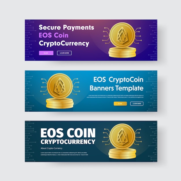 modello di banner orizzontali con la moneta d'oro della criptovaluta EOS.