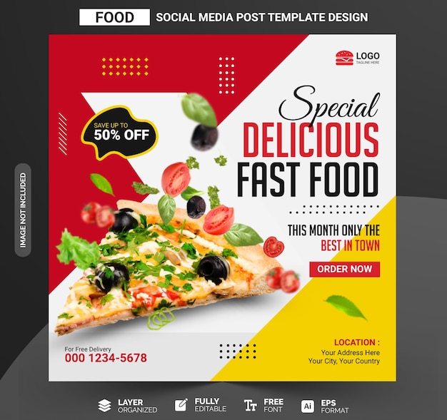 Modello di banner per i social media del menu alimentare e del ristorante