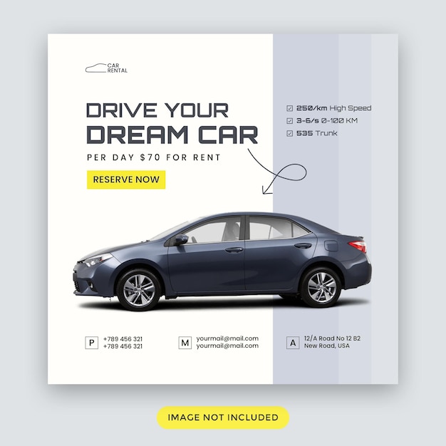 Modello di banner per post sui social media per la promozione dell'autonoleggio con un concetto minimo