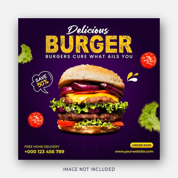 Modello di banner per social media menu delizioso hamburger e cibo Vettore EPS gratuito
