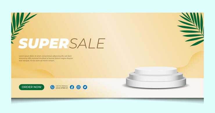 Modello di banner podio bianco 3D con sfondo tropicale per la visualizzazione del prodotto