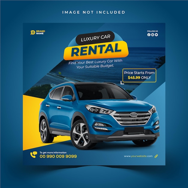 Modello di banner post instagram sui social media per la promozione del noleggio auto di lusso