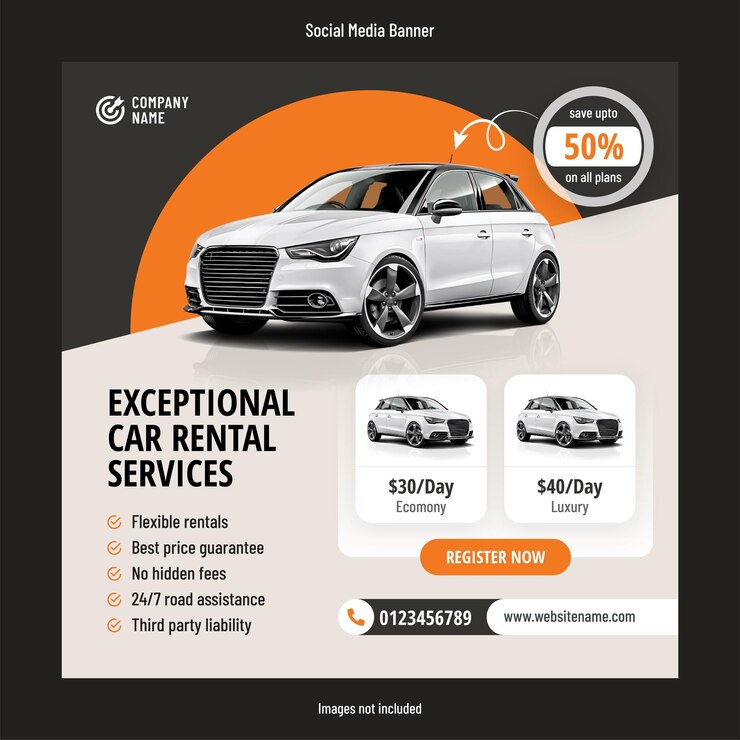 Modello di banner post sui social media con sconto noleggio auto
