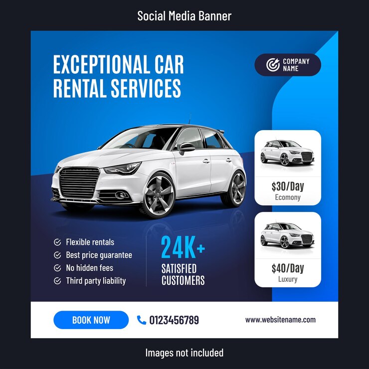 Modello di banner post sui social media con sconto noleggio auto