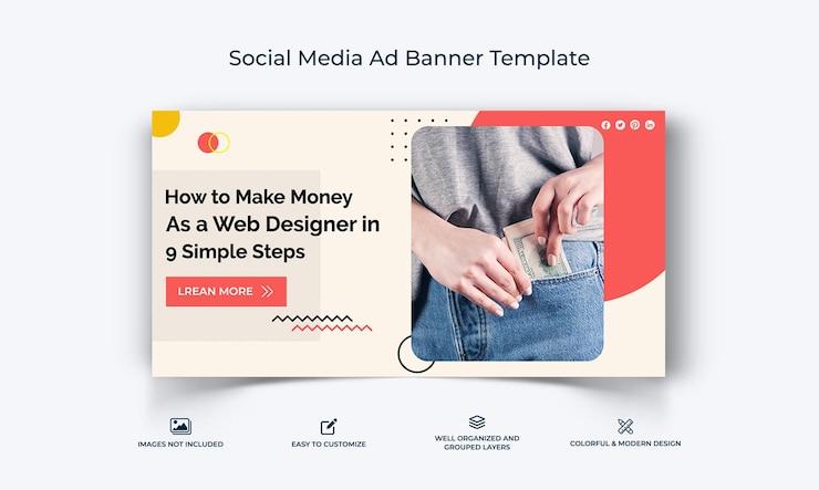 Vettore modello di banner pubblicitario di facebook per guadagnare denaro online
