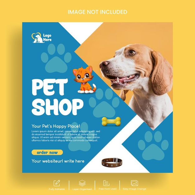 Modello di banner pubblicitario o di volantino quadrato per negozi di animali e cliniche veterinarie, post su Facebook e social media