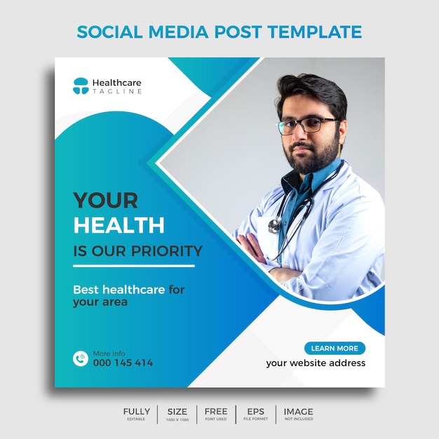 Modello di banner quadrato medico Banner post sui social media di colore blu Post sui social media medici