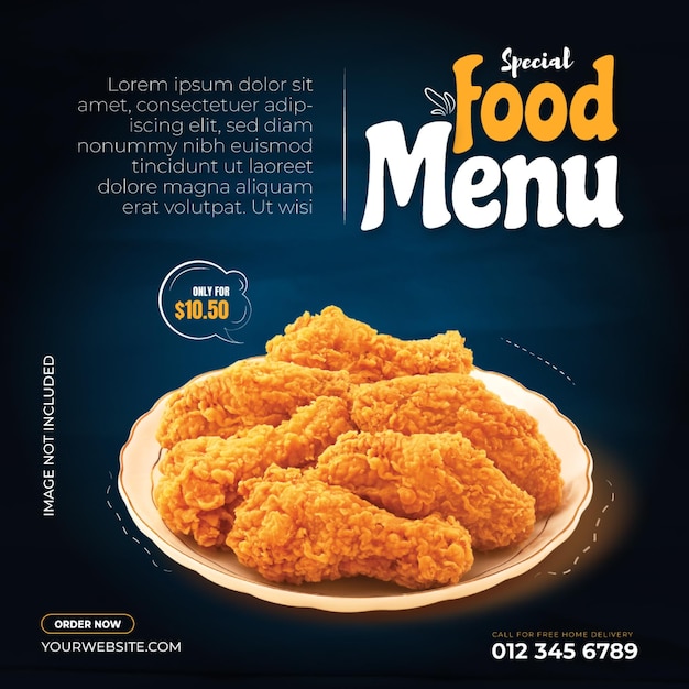 Modello di banner quadrato sui social media del ristorante di promozione del menu di pollo fritto