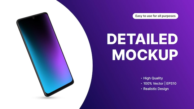 Modello di banner viola per gadget, app, pubblicità dell'interfaccia utente. Mockup dettagliato dello smartphone in posizione ruotata. . Illustrazione vettoriale