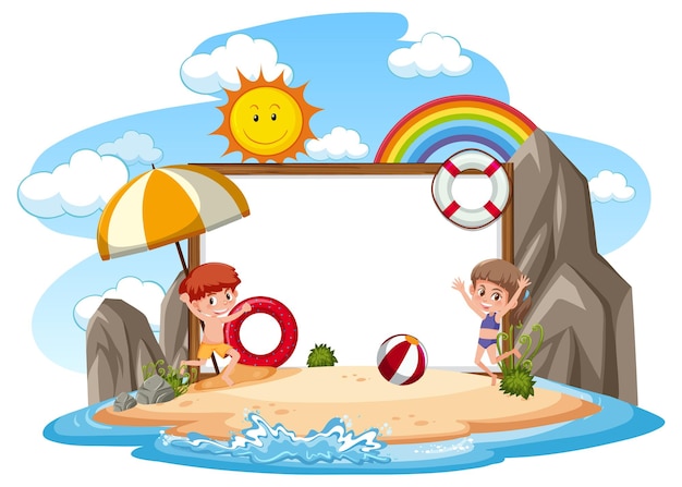 Modello di banner vuoto con bambini in vacanza in spiaggia su sfondo bianco