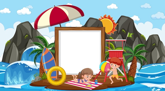 Modello di banner vuoto con bambini in vacanza sulla scena diurna della spiaggia