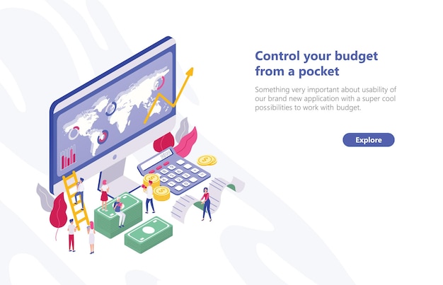 Modello di banner Web con piccole persone che camminano vicino al computer con l'app per la pianificazione del budget, seduti su banconote, portando la ricevuta. Concetto di amministrazione finanziaria. Illustrazione vettoriale isometrica.