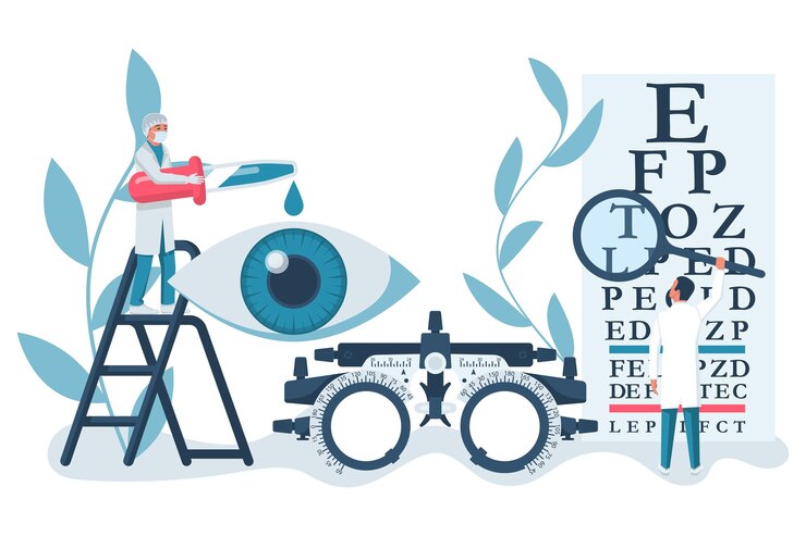 Modello di banner web di concetto di oftalmologia per l'esame della vista un gruppo di medici tratta ed esamina