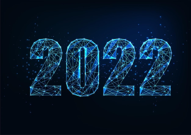 Modello di banner web digitale futuristico per il nuovo anno 2022 con cifre poligonali basse incandescenti su blu scuro